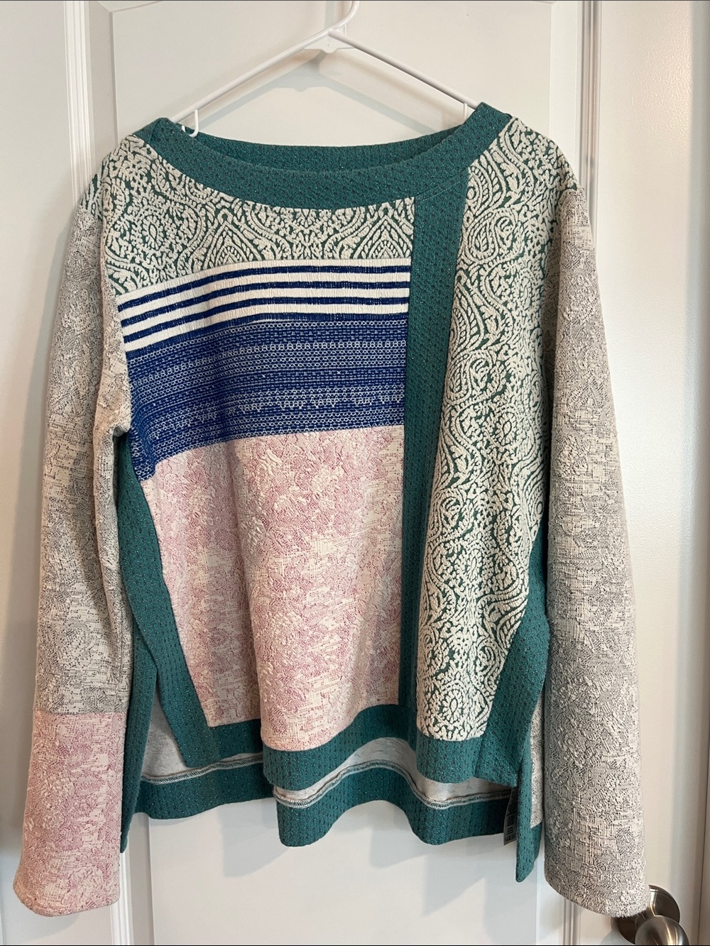 Patchwork Crewneck Sweater in Teal, Pink & Blue